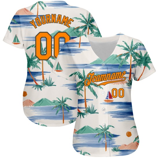 Creme Orange-Olive Strand Muster Jersey Insel Design Kokosnuss Authentische Palmen Bucht Und 3D Custom Segelboot Baseball Creme Orange-Olive Strand Muster Jersey Insel Design Kokosnuss Authentische Palmen Bucht Und 3D Custom Segelboot Baseball