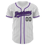 Authentisches Lila Baseball-Trikot mit weißen Nadelstreifen und schwarzem Authentisches Lila Baseball-Trikot mit weißen Nadelstreifen und schwarzem