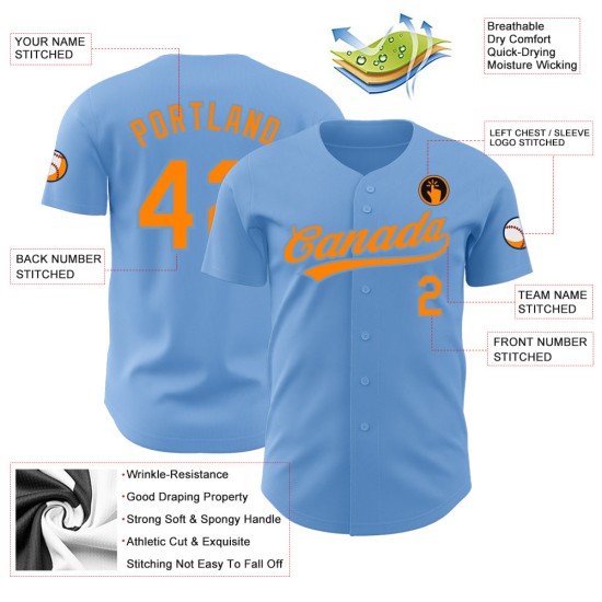 Blue Bay Light Authentic Baseballtrikot, individuell gestaltet, Orange Blue Bay Light Authentic Baseballtrikot, individuell gestaltet, Orange